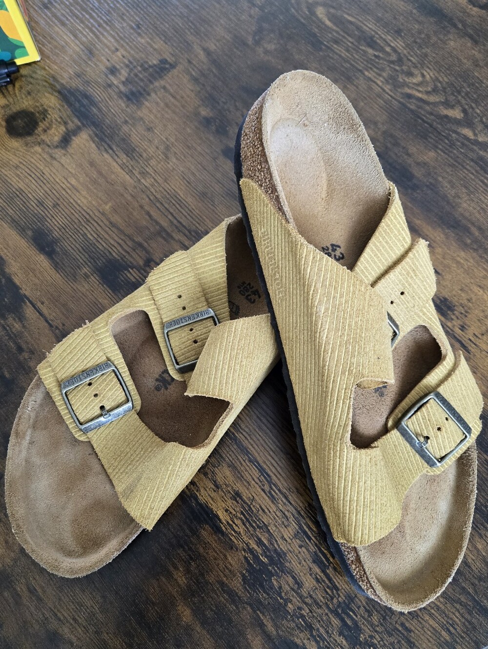 Nice Men's Birkenstock Suede Two-Buckle Slide Sandals in Beige/Gold Color
